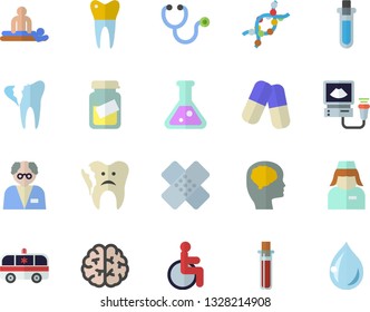 Color flat icon set pills flat vector, blood test, disabled, stethoscope, medical analysis, massage, ambulance, patch, ultrasound, nurse, DNA, broken tooth, dental crowns, flask, scientist, beakers