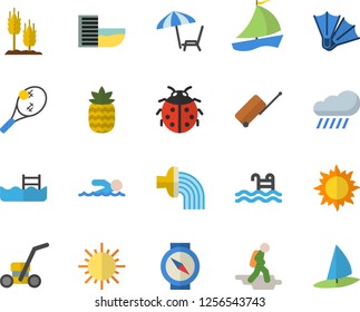 Color flat icon set pineapple flat vector, ear, ladybird, hose irrigation, sun, lawn mower, rain, sailboat, swimming, pool, hike fector, luggage, hotel first line, chaise lounge, flippers, tennis