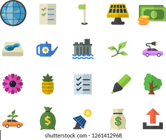 Color flat icon set pineapple flat vector, tree, flower, watering can, pool, solar battery, leaf, hydroelectric power station, eco cars, electric, earth, cash, marker, wealth, to do list, upload