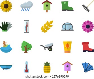 Color flat icon set pineapple flat vector, thermometer, nesting box, tree, flower, rake, garden wheelbarrow, gumboots, gloves, rain, greenhouse, ear, sea beach fector, sun protection cream, surfing