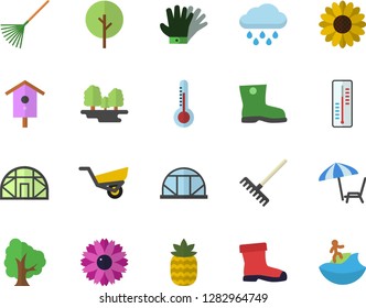Color flat icon set pineapple flat vector, thermometer, nesting box, tree, flower, rake, garden wheelbarrow, gumboots, gloves, rain, greenhouse, forest, chaise lounge fector, surfing