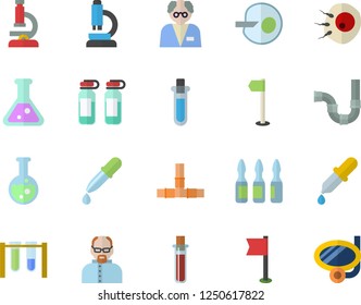 Color flat icon set pipes flat vector, pipette, blood test, ampoule, artificial insemination, flask, microscope, scientist, beakers, sports flag, swimming mask fector
