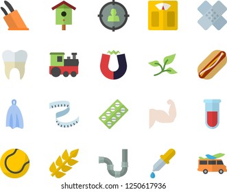 Color flat icon set pipes flat vector, towel, knives, hot dog, nesting box, tree leaf, target audience, pill packaging, pipette, blood test, patch, dental crowns, magnet, ear, weighing machine