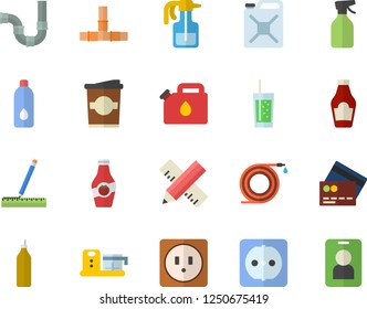 Color flat icon set pipes flat vector, sockets, measure, food processor, ketchup, soda, coffe, mustard, pulverizer, hose, canister, water, credit card fector, pass