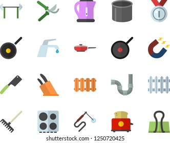 Color flat icon set pipes flat vector, heating batteries, faucet, frying pan, teflon, electric kettle, knives, stove, toaster, secateurs, rake, pipe production, magnet, welding, radiator, barbell