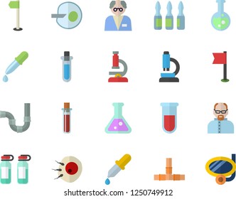 Color flat icon set pipes flat vector, pipette, blood test, ampoule, artificial insemination, flask, microscope, scientist, beakers, sports flag, swimming mask fector