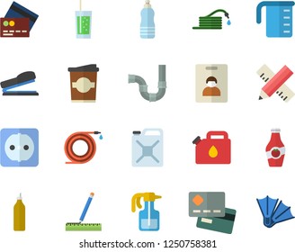 Color flat icon set pipes flat vector, sockets, measure, meashuring cup, soda, coffe, mustard, ketchup, pulverizer, hose, canister, credit card, stapler, water, indentity fector, flippers