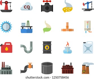 Color flat icon set pipes flat vector, boiler, gas, oil production platform, pumping, main pipeline, tanks, plant, canister, carbon dioxide, pipe, stomach, burner, nuclear power