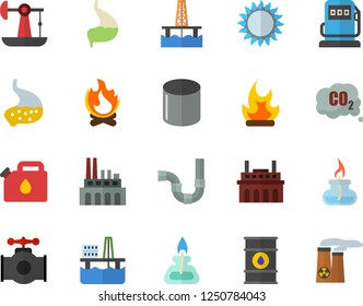 Color flat icon set pipes flat vector, gas, bonfire, oil production platform, pumping, main pipeline, refueling, tanks, plant, canister, carbon dioxide, pipe, stomach, burner, nuclear power