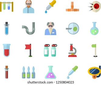 Color flat icon set pipes flat vector, pipette, blood test, ampoule, artificial insemination, flask, microscope, scientist, beakers, sports flag, swimming mask fector