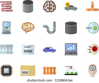 Color flat icon set pipes flat vector, warm floor, heating batteries, sprinkling machine, autopilot, pipe production, motherboard, barcode, artificial insemination, computer, brain, fector