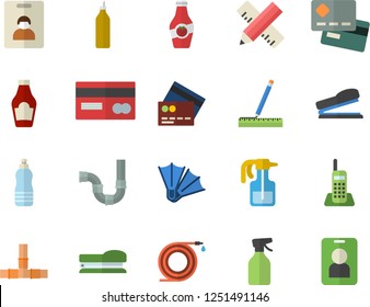 Color flat icon set pipes flat vector, measure, ketchup, mustard, pulverizer, hose, credit card, telephone, stapler, water, indentity fector, flippers, pass