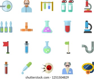 Color flat icon set pipes flat vector, pipette, blood test, ampoule, artificial insemination, flask, microscope, scientist, beakers, sports flag, swimming mask fector