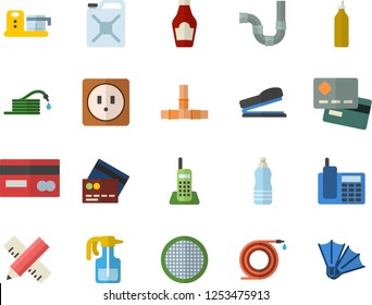 Color flat icon set pipes flat vector, sockets, measure, food processor, sieve, ketchup, mustard, pulverizer, hose, canister, credit card, telephone, stapler, water, fector, flippers