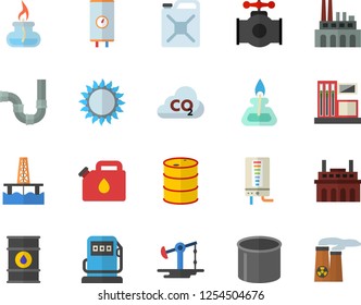 Color flat icon set pipes flat vector, boiler, gas, oil production platform, pumping, main pipeline, station, refueling, tanks, plant, canister, carbon dioxide, pipe, burner, nuclear power