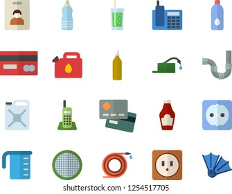 Color flat icon set pipes flat vector, sockets, meashuring cup, sieve, ketchup, soda, mustard, hose, canister, credit card, telephone, water, indentity fector, flippers