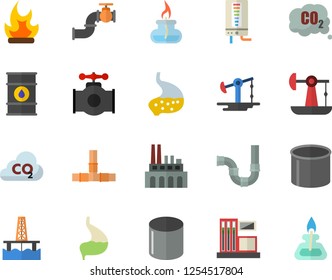 Color flat icon set pipes flat vector, boiler, bonfire, oil production platform, pumping, main pipeline, gas station, tanks, plant, carbon dioxide, pipe, stomach, burner