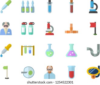 Color flat icon set pipes flat vector, pipette, blood test, ampoule, artificial insemination, flask, microscope, scientist, beakers, sports flag, swimming mask fector