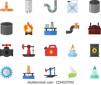 Color flat icon set pipes flat vector, boiler, gas, bonfire, oil production platform, pumping, main pipeline, tanks, plant, canister, pipe, stomach, burner