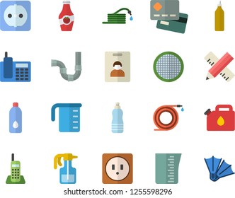 Color flat icon set pipes flat vector, sockets, measure, meashuring cup, sieve, mustard, ketchup, pulverizer, hose, canister, credit card, telephone, water, indentity fector, flippers