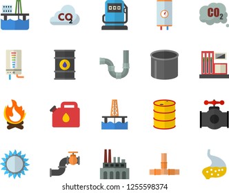 Color flat icon set pipes flat vector, boiler, gas, bonfire, oil production platform, main pipeline, station, refueling, tanks, plant, canister, carbon dioxide, pipe, stomach