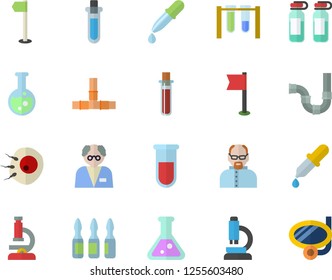 Color flat icon set pipes flat vector, pipette, blood test, ampoule, artificial insemination, flask, microscope, scientist, beakers, sports flag, swimming mask fector
