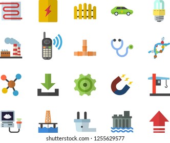 Color flat icon set pipes flat vector, energy saving lamp, switch box, warm floor, fence, oil production platform, factory, plug socket, hydroelectric power station, cogwheel, crane, electric cars