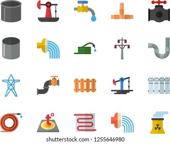 Color flat icon set pipes flat vector, warm floor, heating batteries, hose, irrigation, water tap, oil pumping, main pipeline, power line support, pipe production, nuclear plant