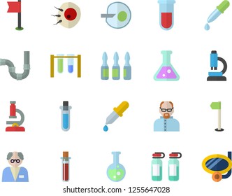 Color flat icon set pipes flat vector, pipette, blood test, ampoule, artificial insemination, flask, microscope, scientist, beakers, sports flag, swimming mask fector
