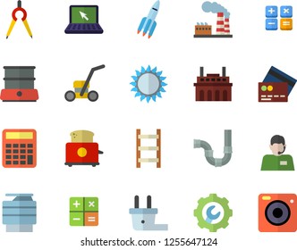 Color flat icon set pipes flat vector, repair, gas, toaster, double boiler, ladder, lawn mower, factory, plug socket, plant, dividers, telephone operator, calculator, copy machine, laptop, rocket