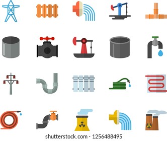 Color flat icon set pipes flat vector, warm floor, heating batteries, hose, irrigation, water tap, oil pumping, main pipeline, power line support, pipe production, nuclear plant