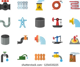 Color flat icon set pipes flat vector, warm floor, heating batteries, hose, irrigation, water tap, oil pumping, main pipeline, power line support, pipe production, nuclear plant