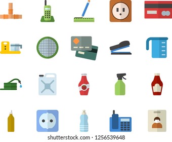 Color flat icon set pipes flat vector, sockets, measure, meashuring cup, food processor, sieve, ketchup, mustard, pulverizer, hose, canister, credit card, telephone, stapler, water, indentity fector