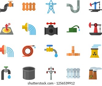 Color flat icon set pipes flat vector, warm floor, heating batteries, hose, irrigation, water tap, oil pumping, main pipeline, power line support, pipe production, nuclear plant