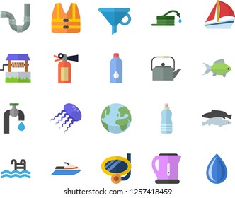 Color flat icon set pipes flat vector, teapot, electric kettle, fish, well, hose, water tap, funnel, sailboat, pool, earth fector, swimming mask, life vest, scooter, jellyfish, fire extinguisher