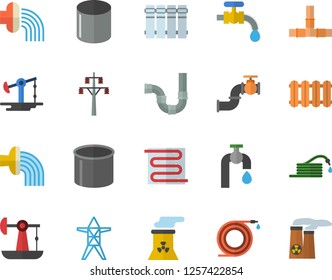 Color flat icon set pipes flat vector, warm floor, heating batteries, hose, irrigation, water tap, oil pumping, main pipeline, power line support, pipe production, nuclear plant