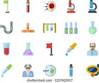 Color flat icon set pipes flat vector, pipette, blood test, ampoule, artificial insemination, flask, microscope, scientist, beakers, sports flag, swimming mask fector
