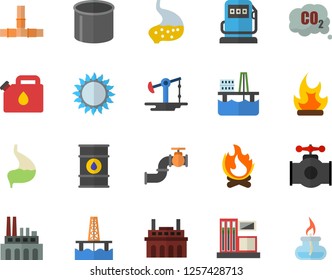 Color flat icon set pipes flat vector, gas, bonfire, oil production platform, pumping, main pipeline, station, refueling, tanks, plant, canister, carbon dioxide, pipe, stomach, burner