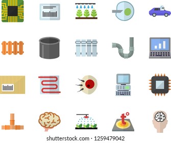 Color flat icon set pipes flat vector, warm floor, heating batteries, sprinkling machine, autopilot, pipe production, motherboard, barcode, artificial insemination, computer, brain, fector