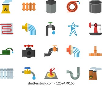 Color flat icon set pipes flat vector, warm floor, heating batteries, hose, irrigation, water tap, oil pumping, main pipeline, power line support, pipe production, nuclear plant