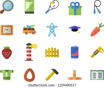 Color flat icon set pipes flat vector, hammer, sausage, lemonade, Strawberry, carrot, fence, trammel, power line support, lighthouse, clock, present, bachelor cap, skipping rope, sport T shirt, book