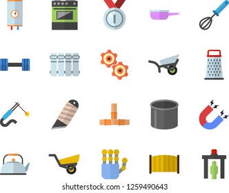 Color flat icon set pipes flat vector, fence, stationery knife, heating batteries, boiler, saute, teapot, whisk, electric stove, grater, garden wheelbarrow, pipe production, welding, robot hand