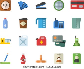 Color flat icon set pipes flat vector, sockets, measure, meashuring cup, food processor, sieve, coffe, ketchup, canister, credit card, telephone, stapler, water, indentity fector, flippers, pass