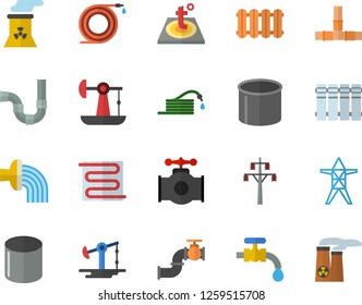 Color flat icon set pipes flat vector, warm floor, heating batteries, hose, irrigation, water tap, oil pumping, main pipeline, power line support, pipe production, nuclear plant