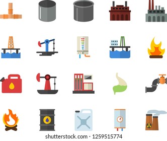 Color flat icon set pipes flat vector, boiler, bonfire, oil production platform, pumping, main pipeline, gas station, tanks, plant, canister, pipe, stomach, nuclear power