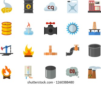 Color flat icon set pipes flat vector, boiler, gas, bonfire, oil production platform, pumping, main pipeline, station, tanks, canister, carbon dioxide, pipe, stomach, burner, nuclear power plant