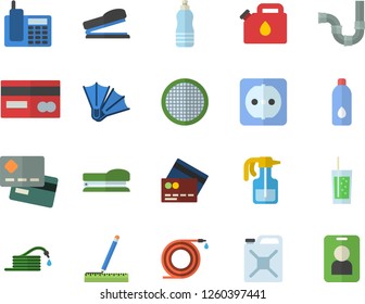 Color flat icon set pipes flat vector, sockets, measure, sieve, soda, pulverizer, hose, canister, credit card, telephone, stapler, water, fector, flippers, pass
