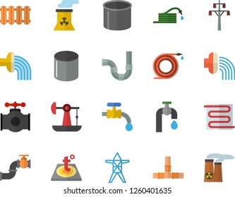 Color flat icon set pipes flat vector, warm floor, heating batteries, hose, irrigation, water tap, oil pumping, main pipeline, power line support, pipe production, nuclear plant