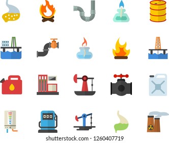 Color flat icon set pipes flat vector, boiler, bonfire, oil production platform, pumping, main pipeline, gas station, refueling, tanks, canister, stomach, burner, nuclear power plant