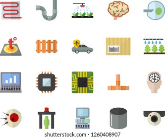 Color flat icon set pipes flat vector, warm floor, heating batteries, sprinkling machine, autopilot, pipe production, motherboard, barcode, artificial insemination, computer, brain, fector